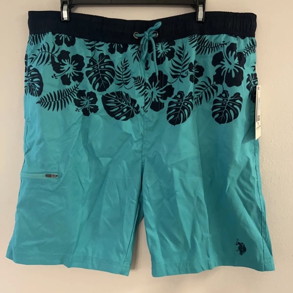 U.S. Polo Assn Mens Size XL Teal Leaf Swim Suit Trunks With Pocket NWT - Picture 1 of 7